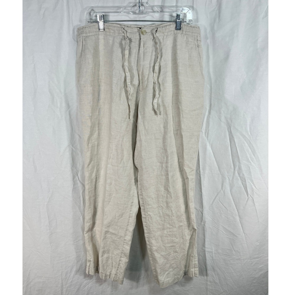 Tasso Elba 100% Linen Pants Womens L Beige Drawstring Straight Leg Coastal Boho